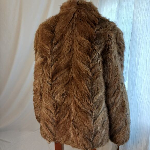 Thick Mink Fur Coat Sz M Brown Chevron Jacket Boxy Formal Wedding Winter Glamor - Picture 2 of 14